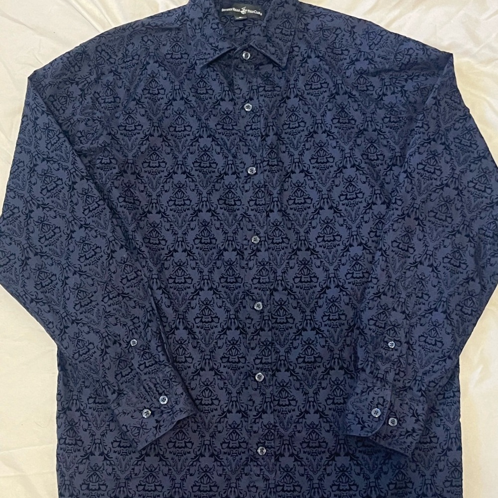 Beverly Hills Polo Club Shirt Mens S Navy Floral Damask Flocked Button Up